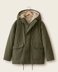 Plush-Lined Hooded Parka with Drawstring Hem — on hanger, plush lining