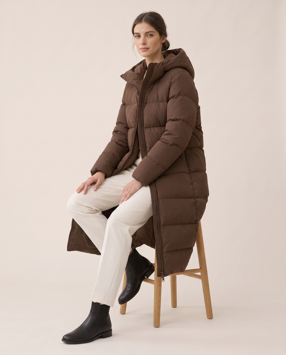 Extra-Long Hooded Puffer Parka — worn seated