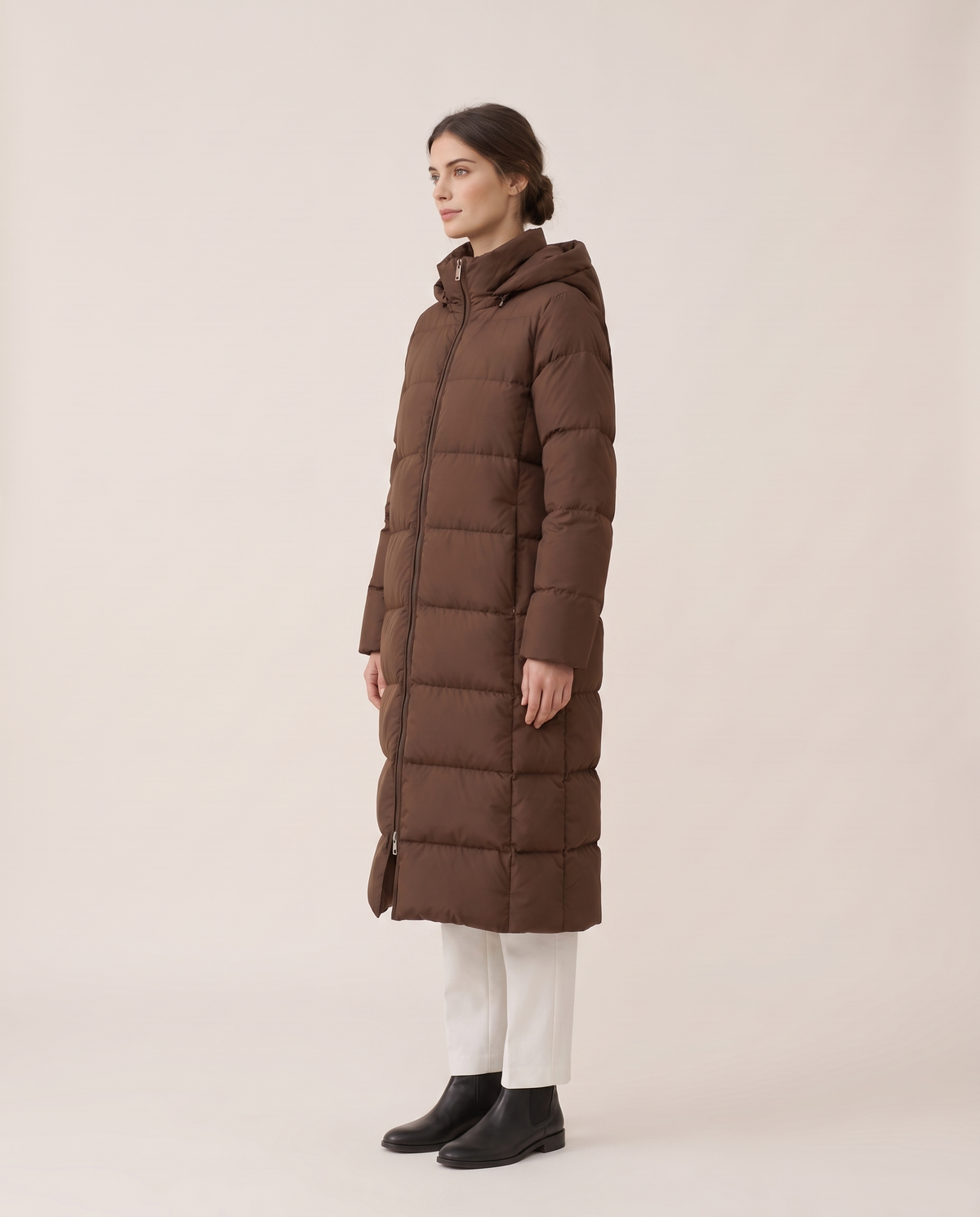 Extra-Long Hooded Puffer Parka — three-quarter view