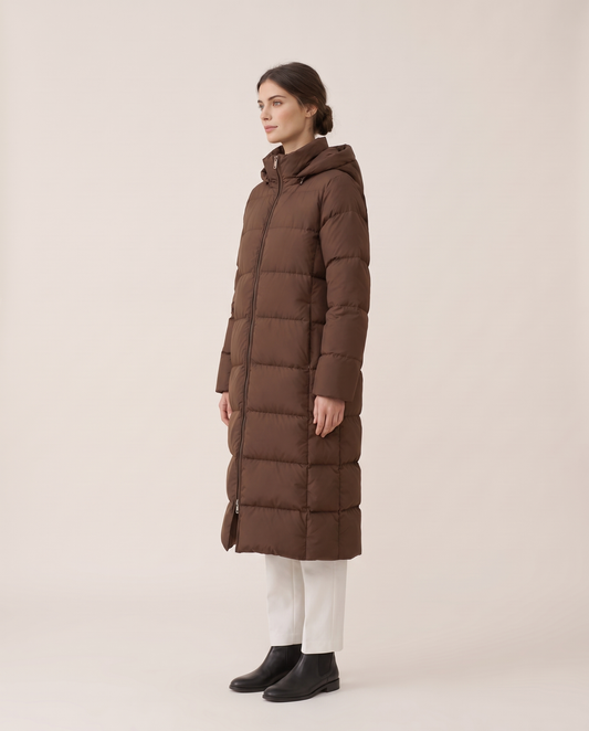 Extra-Long Hooded Puffer Parka — three-quarter view