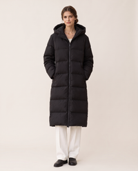 Extra-Long Hooded Puffer Parka — black, studio front