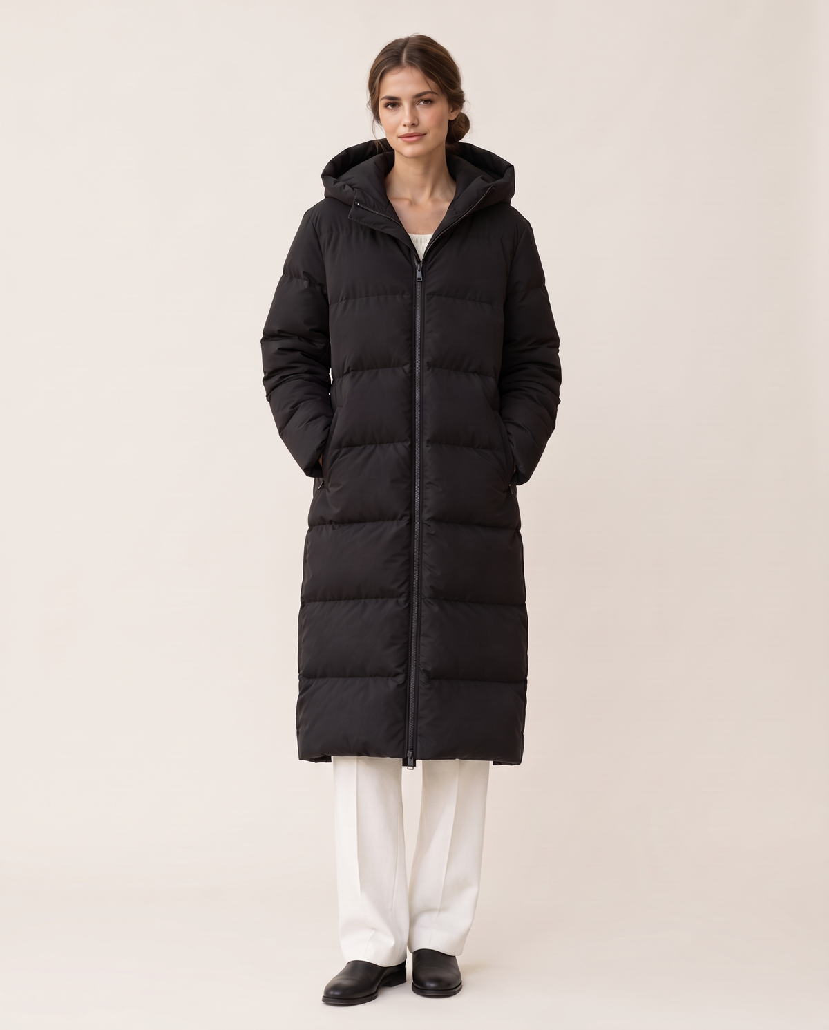 Extra-Long Hooded Puffer Parka — black, studio front