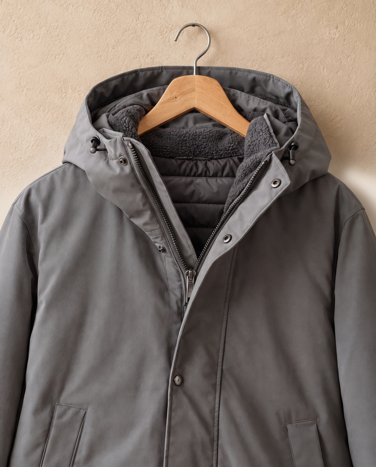 Heavyweight Waterproof Hooded Parka — on hanger, hood and storm flap