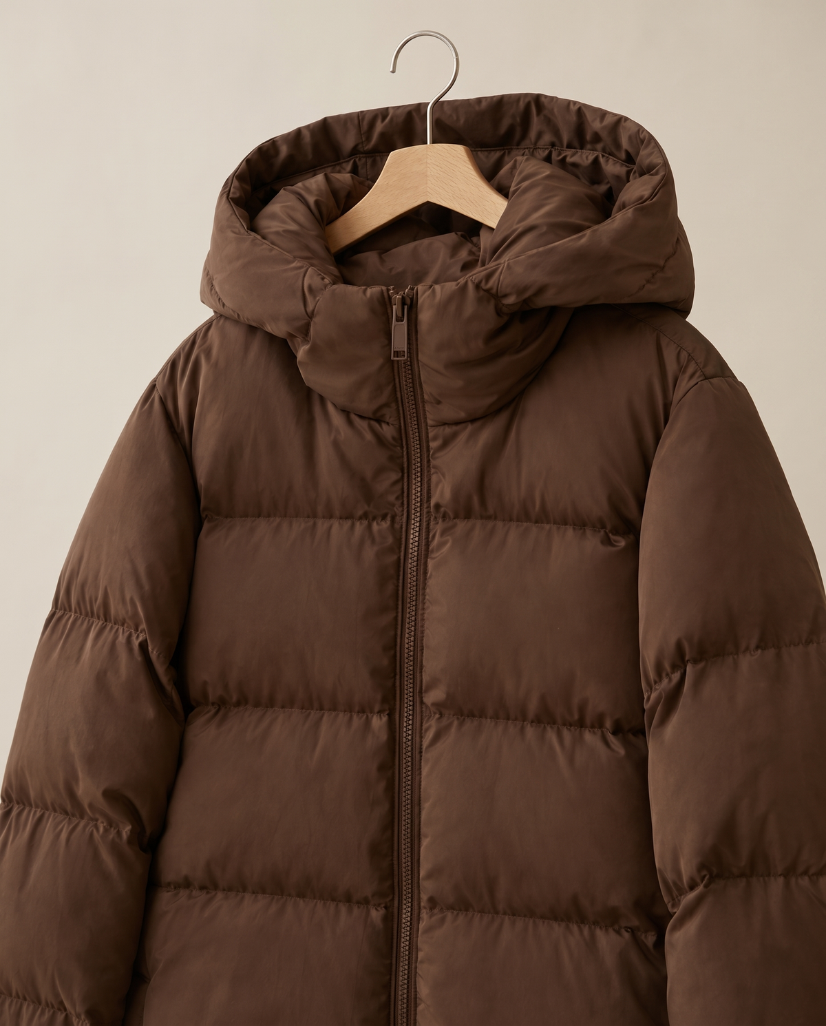 Extra-Long Hooded Puffer Parka — hood and quilting on hanger