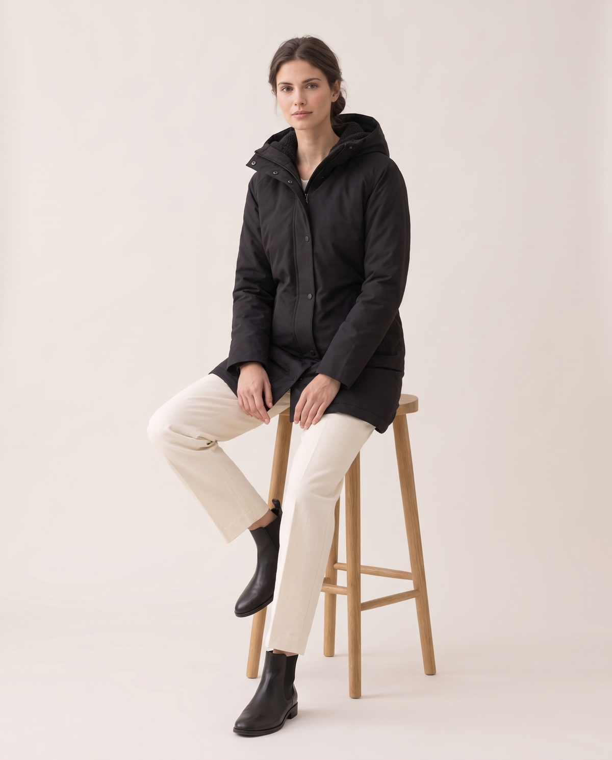 Women's Fleece-Lined Hooded Parka — worn seated