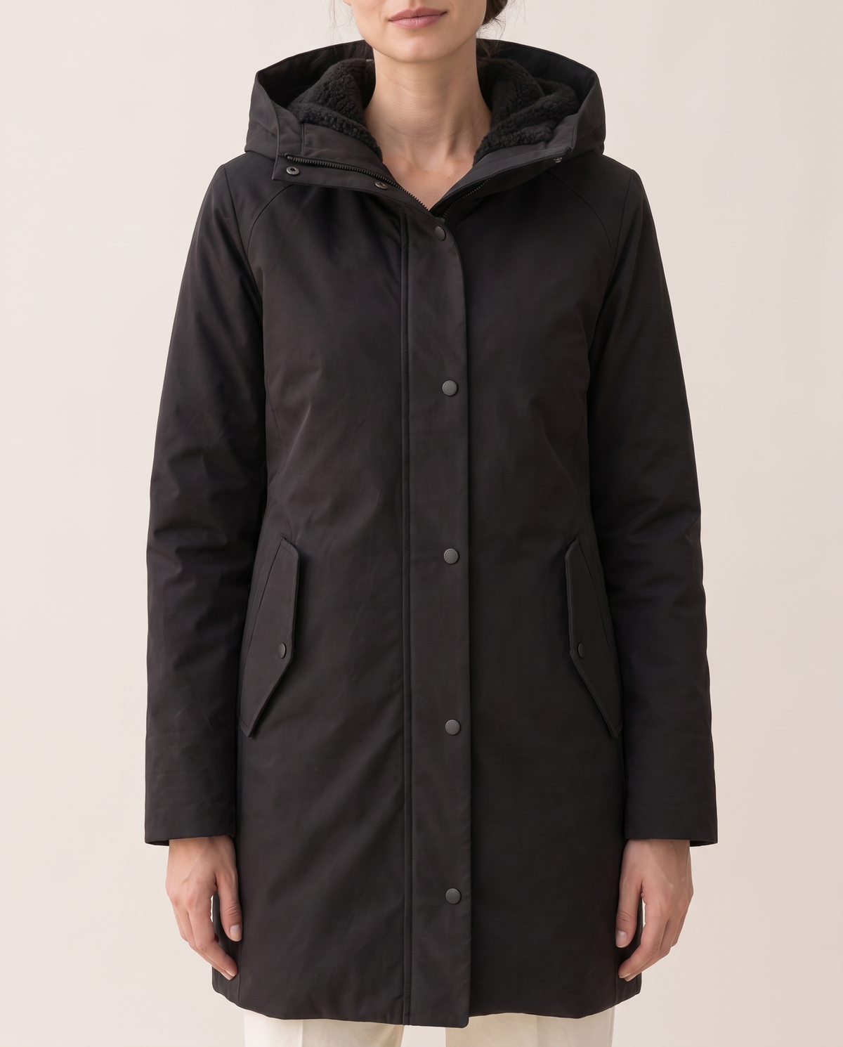 Women's Fleece-Lined Hooded Parka — storm flap and pockets, worn