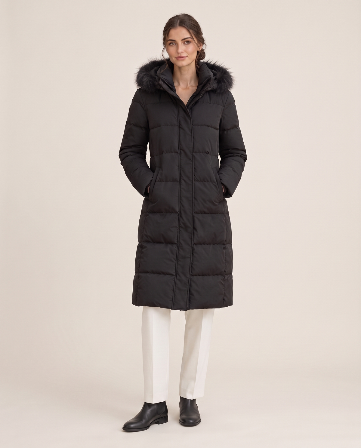 Long Hooded Puffer Coat with Plush Trim — studio front