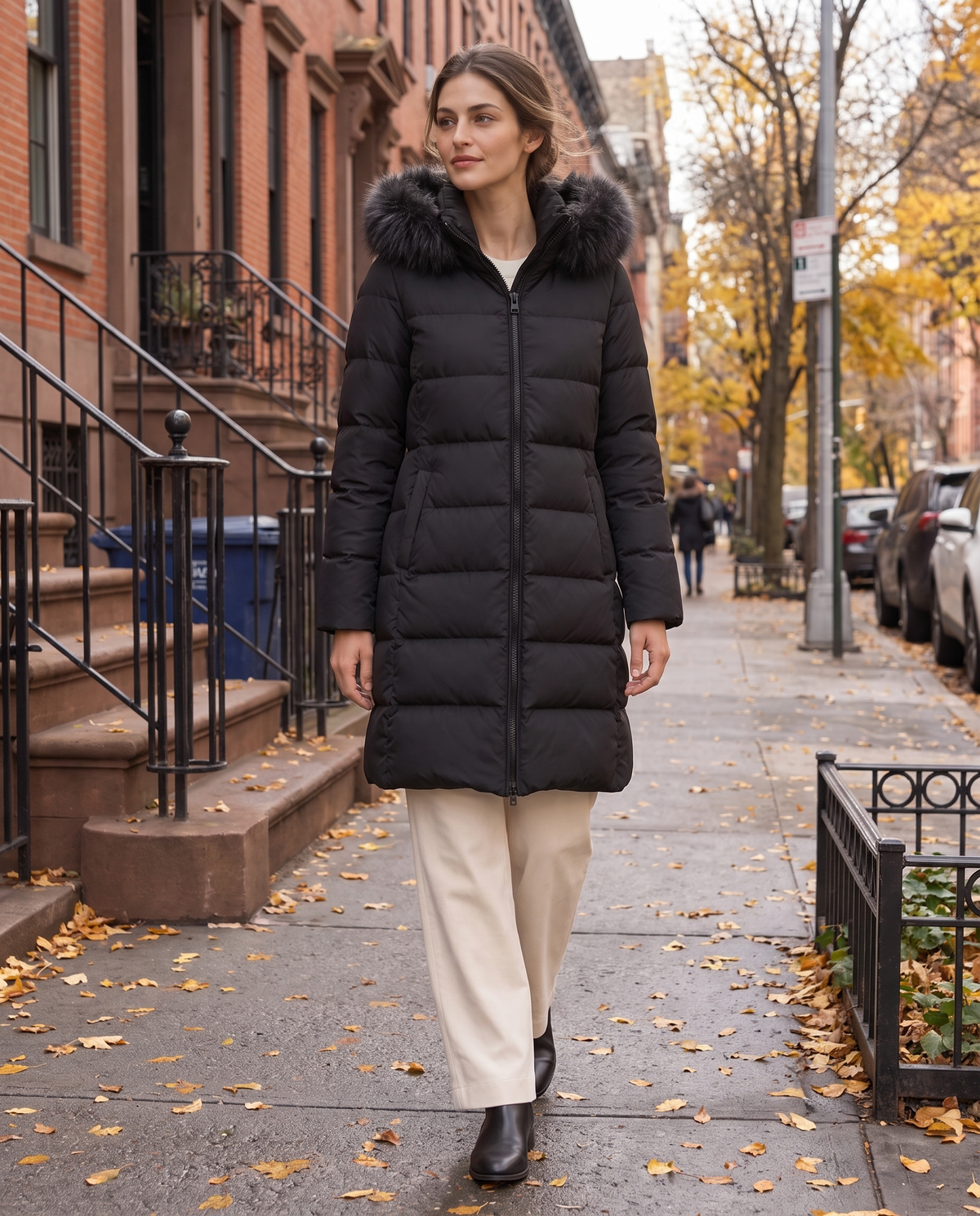 Long Hooded Puffer Coat with Plush Trim — worn on a New York street in autumn