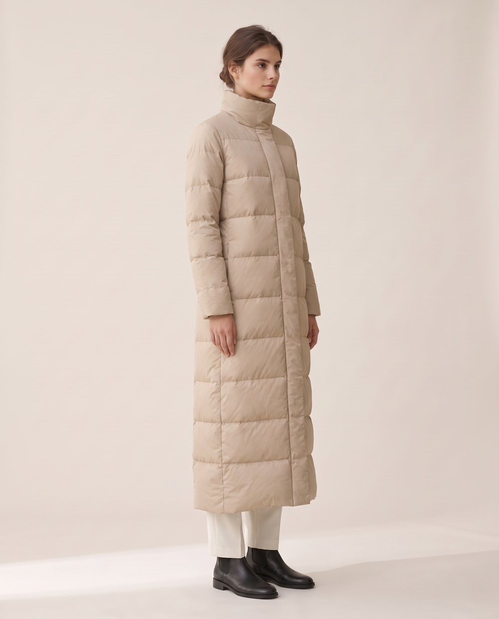 Full-Length Quilted Puffer Coat with Stand Collar — three-quarter view