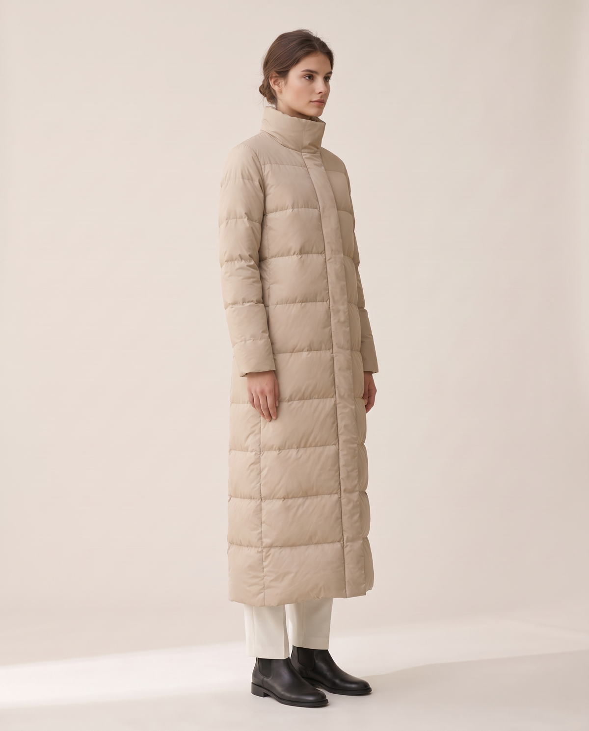 Full-Length Quilted Puffer Coat with Stand Collar — three-quarter view