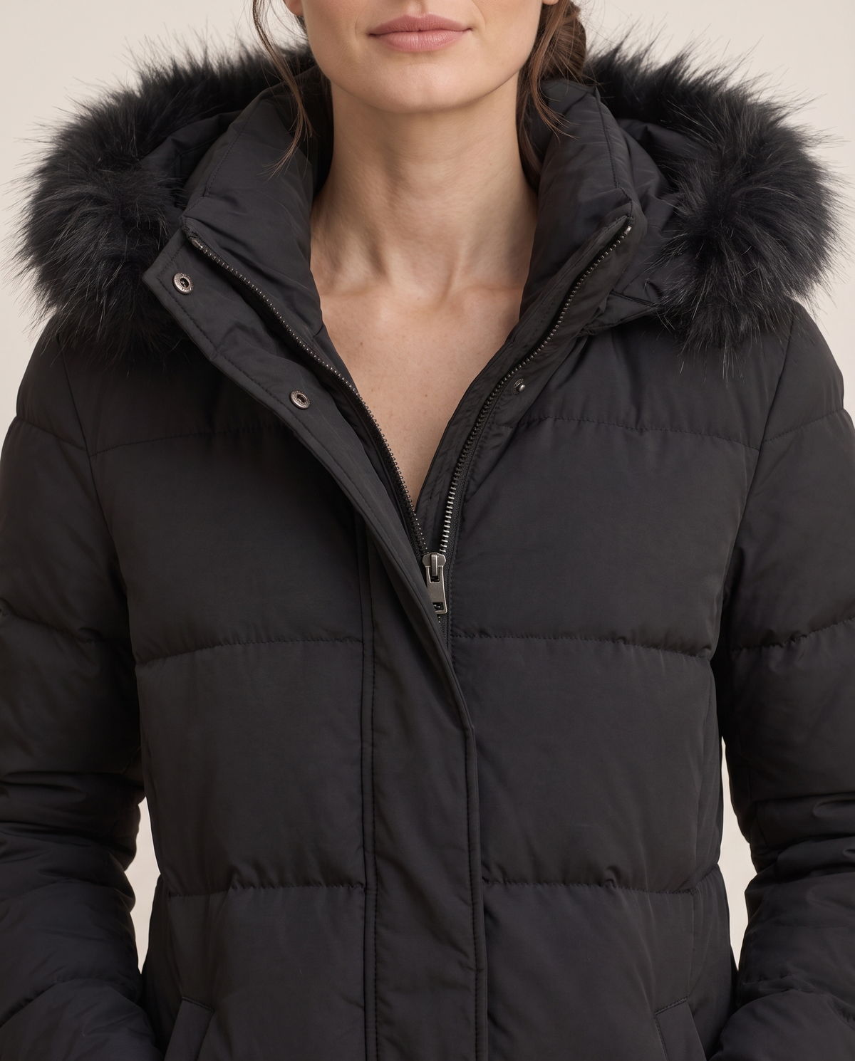 Long Hooded Puffer Coat with Plush Trim — fur trim and quilting, worn