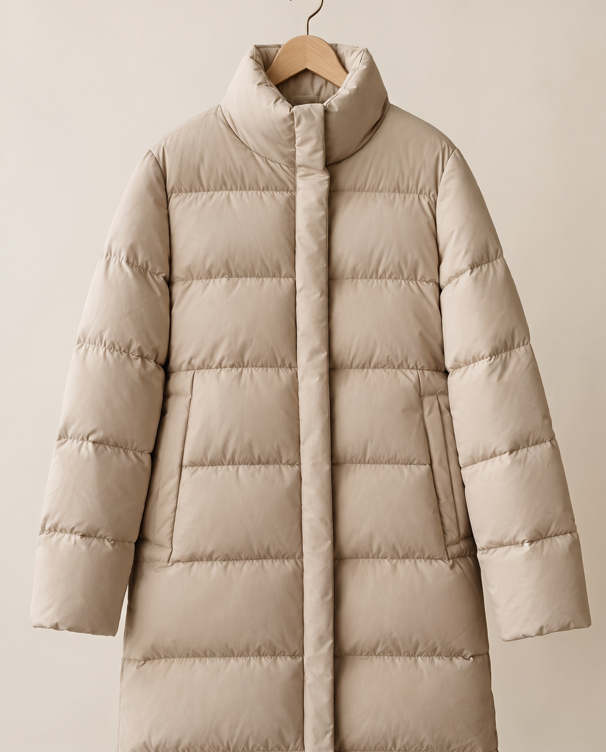 Full-Length Quilted Puffer Coat with Stand Collar — stand collar and quilting on hanger