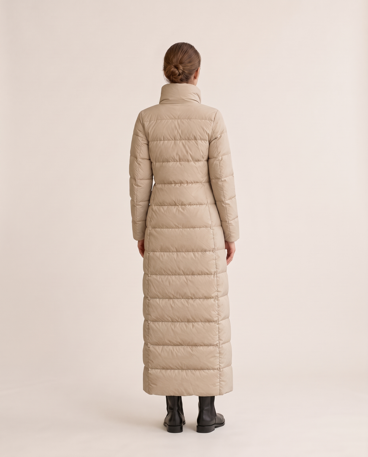 Full-Length Quilted Puffer Coat with Stand Collar — studio back