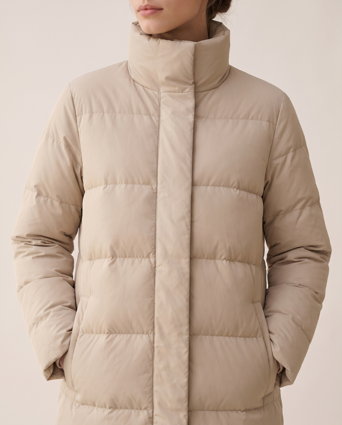 Full-Length Quilted Puffer Coat with Stand Collar — stand collar and zip, worn