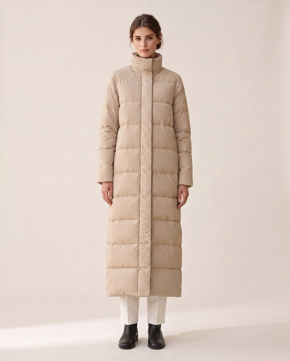 Full-Length Quilted Puffer Coat with Stand Collar — studio front