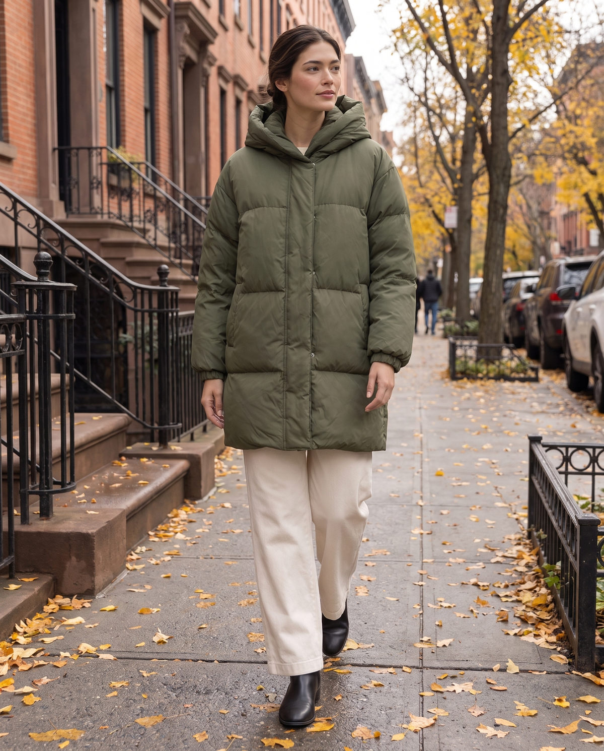 Oversized Hooded Puffer Coat for Women — worn on a New York street in autumn