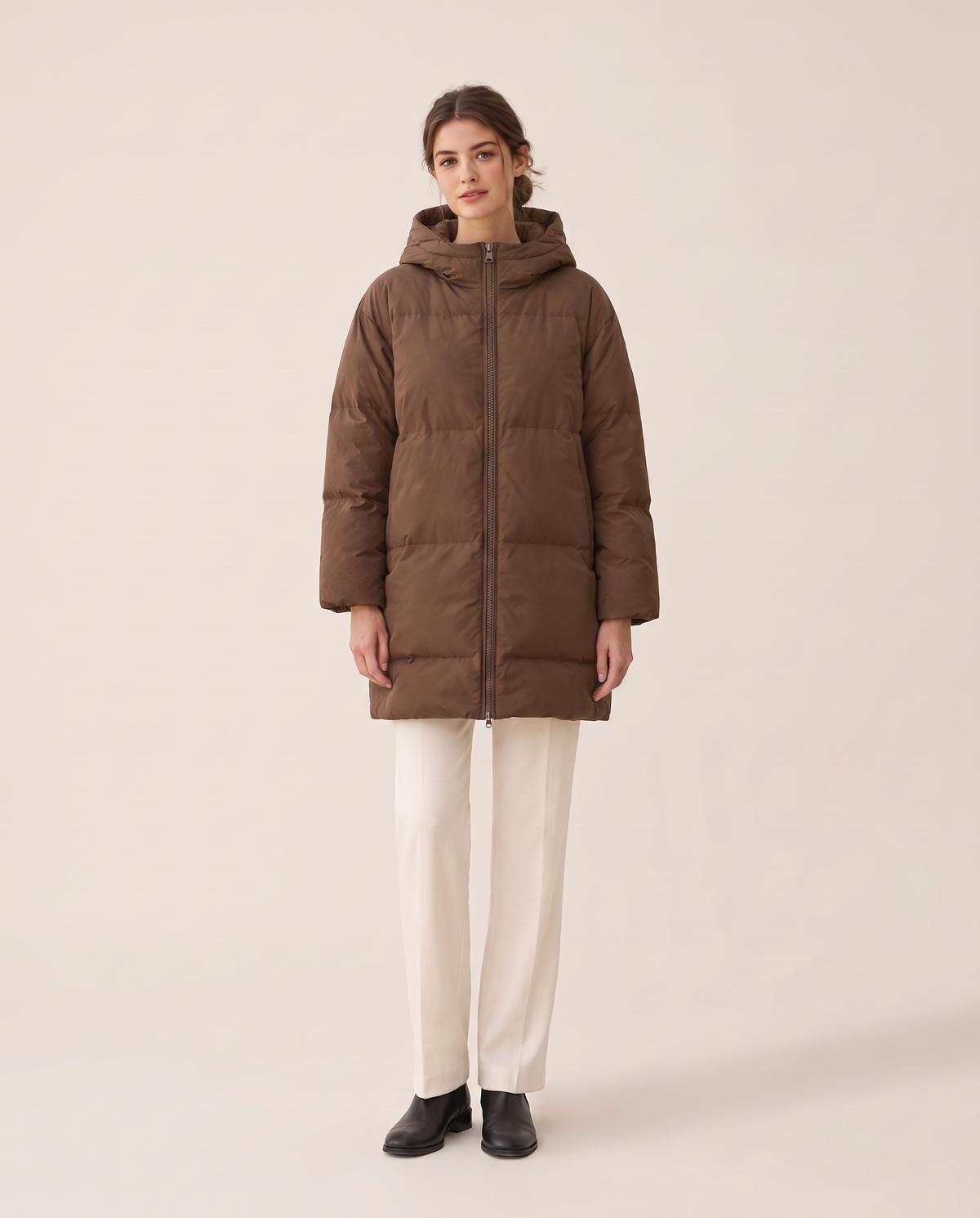 Oversized Hooded Puffer Coat for Women — brown, studio front