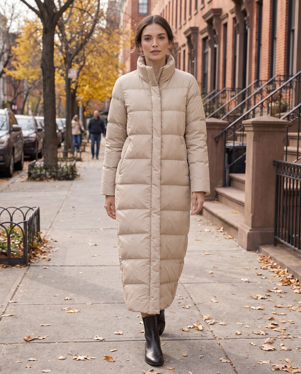Full-Length Quilted Puffer Coat with Stand Collar — worn on a New York street in autumn