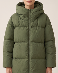 Oversized Hooded Puffer Coat for Women — hood and zip, worn