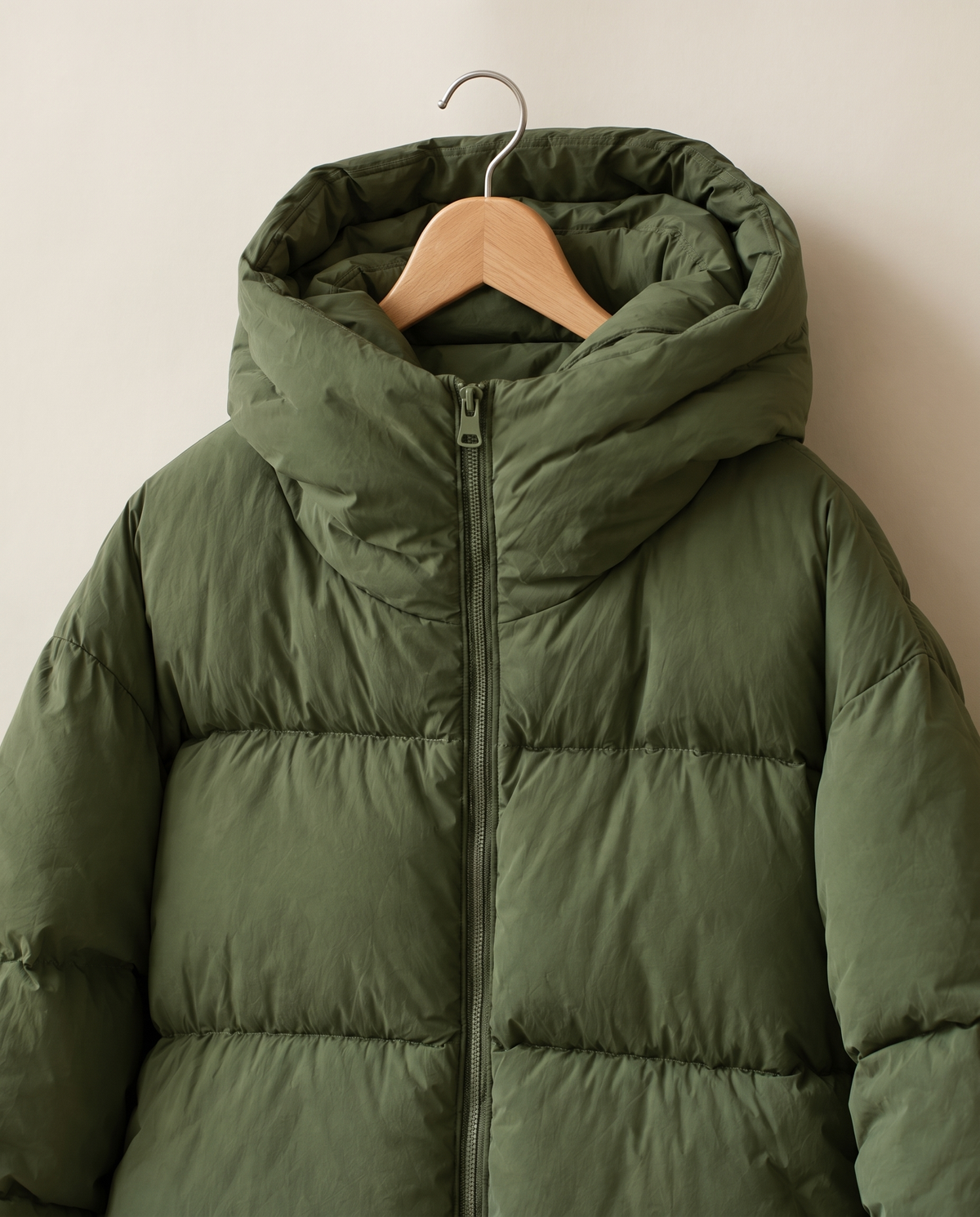 Oversized Hooded Puffer Coat for Women — hood and quilting on hanger