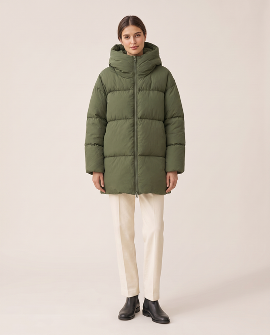 Oversized Hooded Puffer Coat for Women — studio front