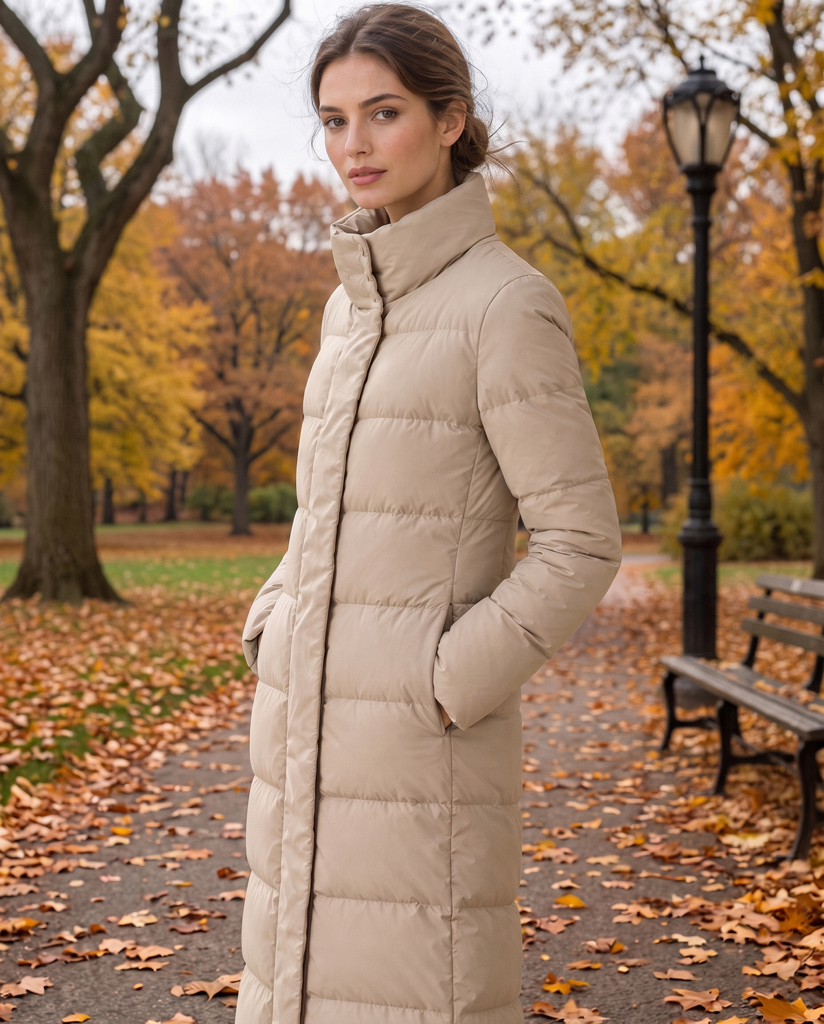 Full-Length Quilted Puffer Coat with Stand Collar — worn in Central Park in autumn