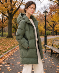 Oversized Hooded Puffer Coat for Women — worn in Central Park in autumn