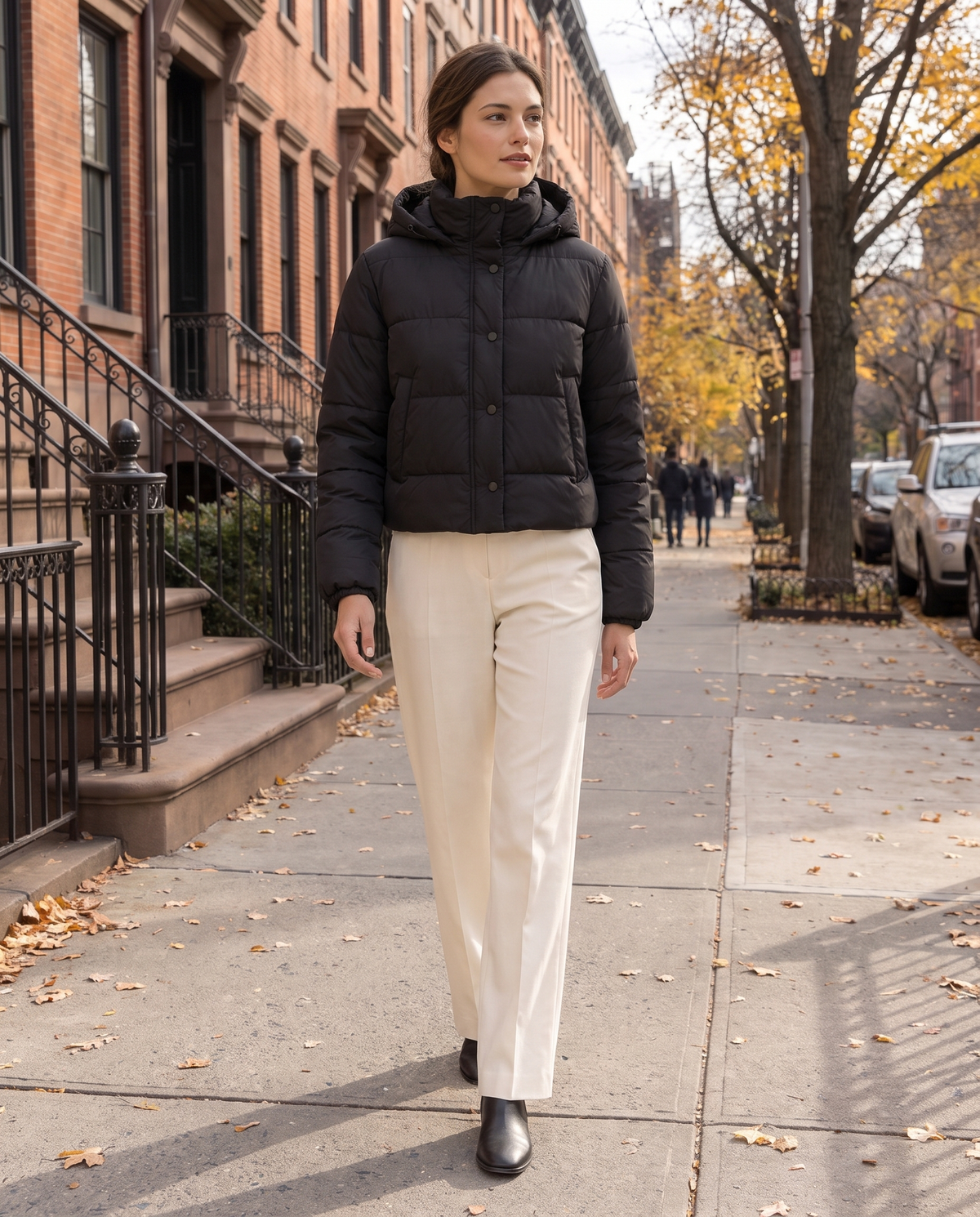 Cropped Puffer Jacket with Hood and Snaps — worn on a New York street in autumn