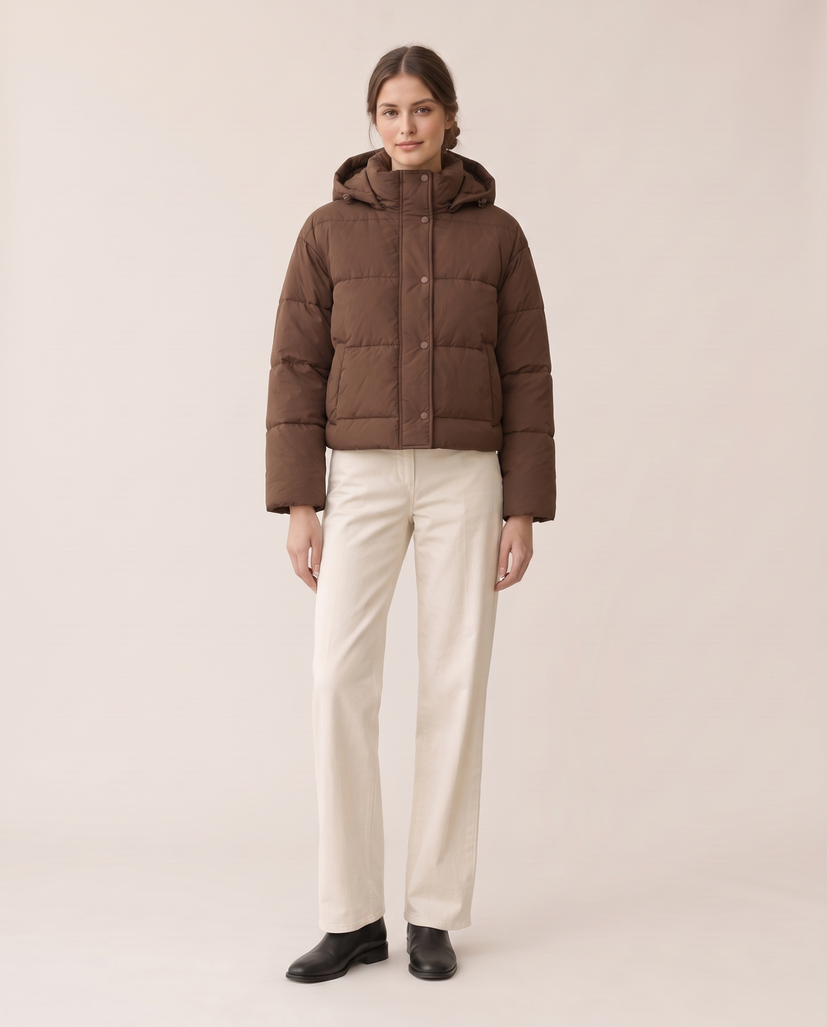 Cropped Puffer Jacket with Hood and Snaps — brown, studio front