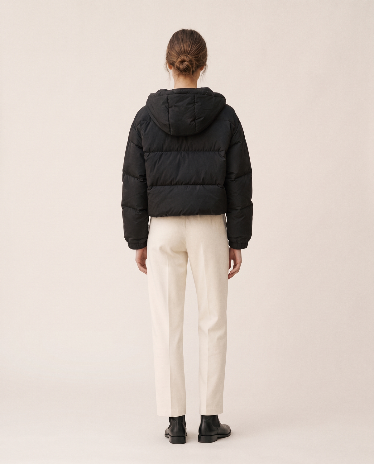 Cropped Puffer Jacket with Hood and Snaps — studio back