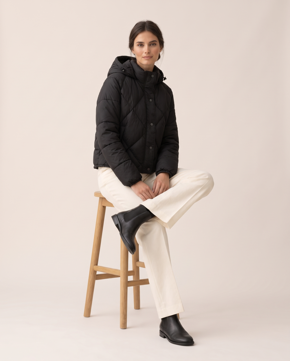 Cropped Puffer Jacket with Hood and Snaps — worn seated