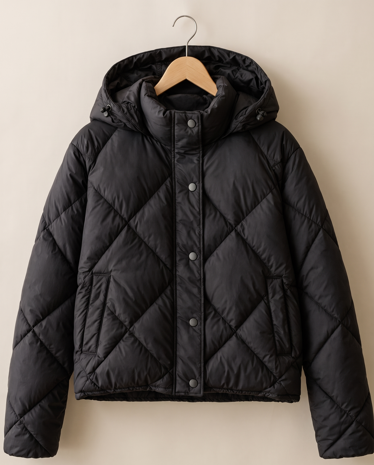 Cropped Puffer Jacket with Hood and Snaps — diamond quilting on hanger