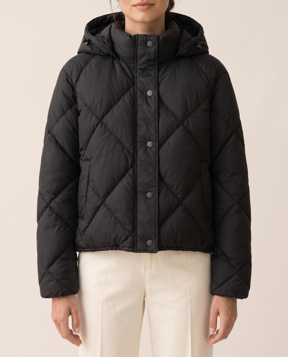 Cropped Puffer Jacket with Hood and Snaps — hood and quilting, worn