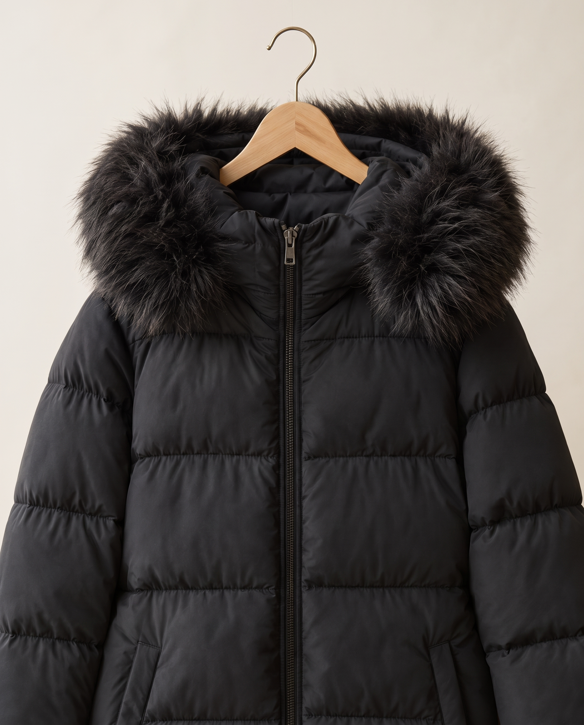 Long Hooded Puffer Coat with Plush Trim — faux fur hood on hanger