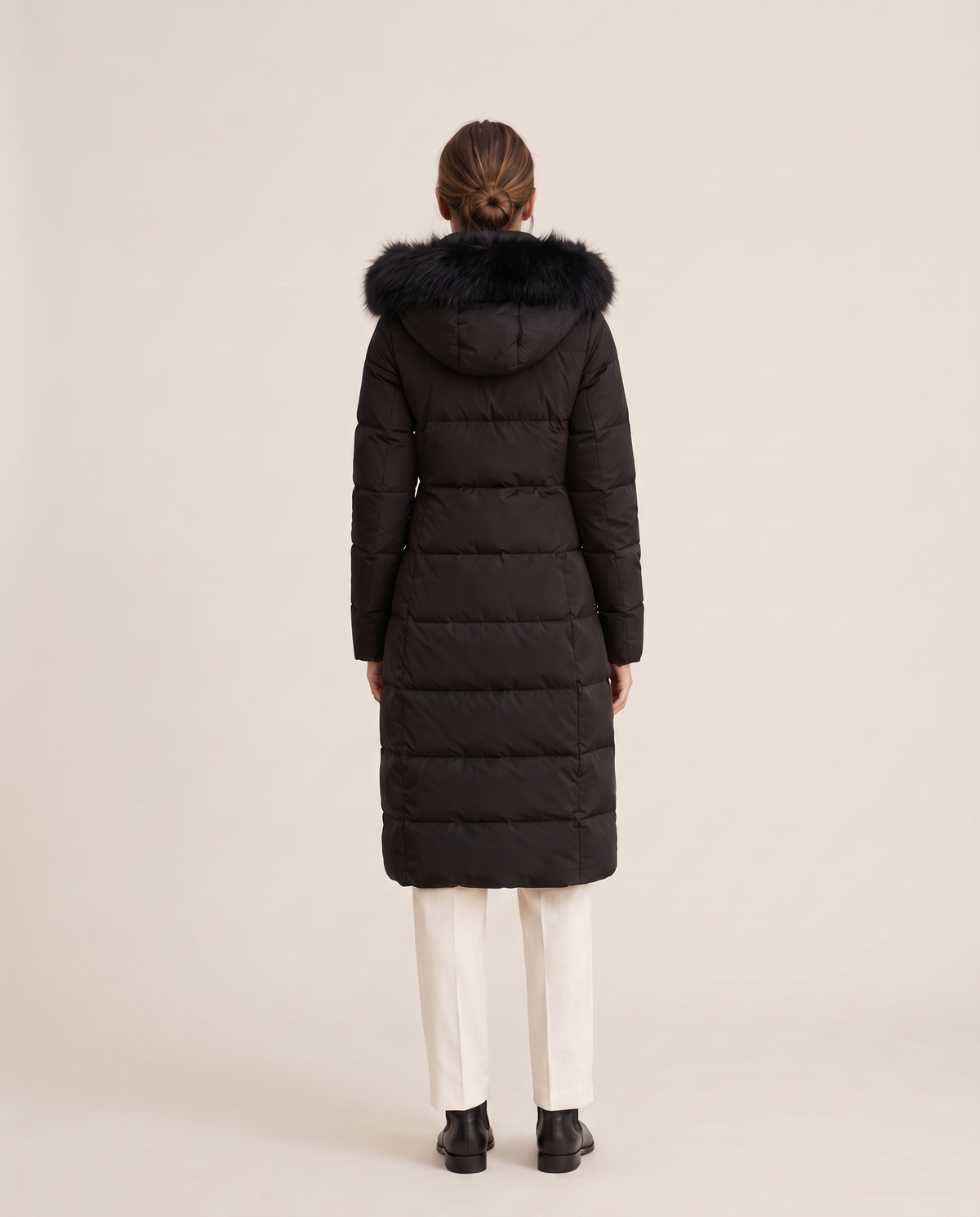 Long Hooded Puffer Coat with Plush Trim — studio back
