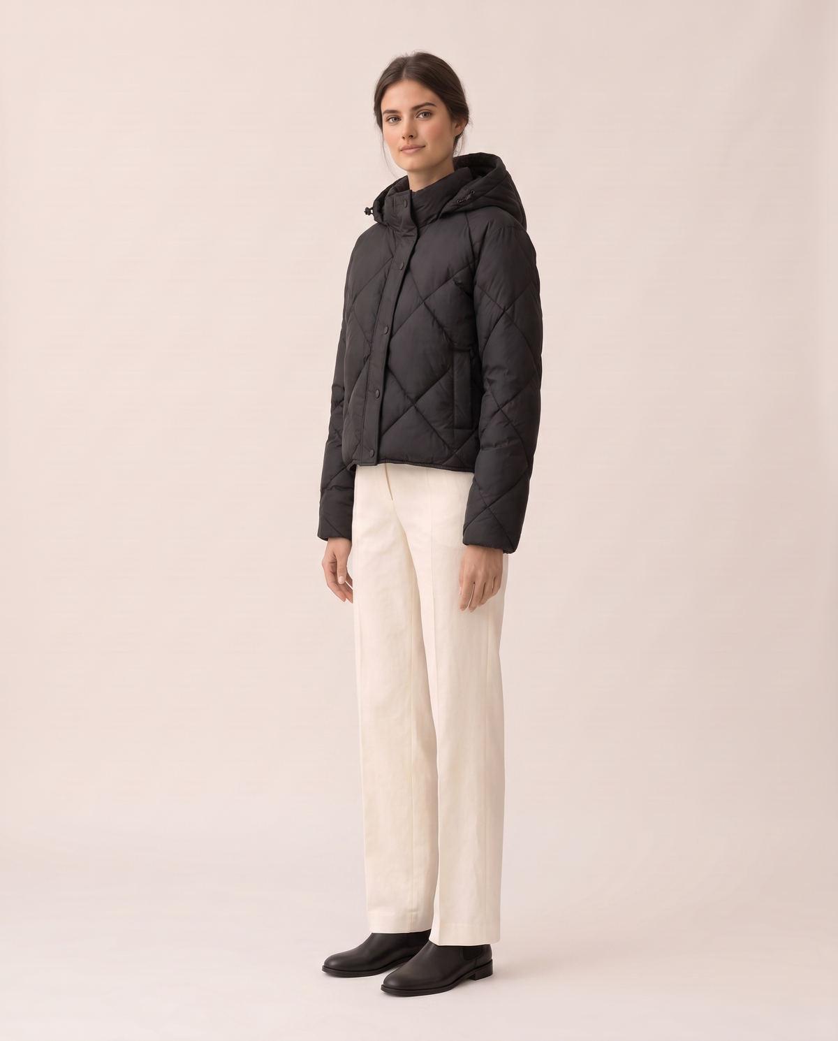 Cropped Puffer Jacket with Hood and Snaps — three-quarter view