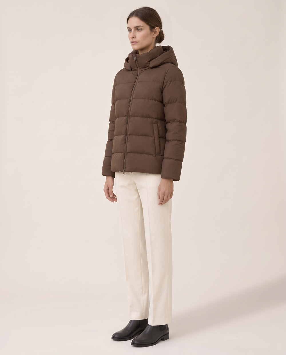 Hooded Puffer Jacket with Funnel Neck — three-quarter view