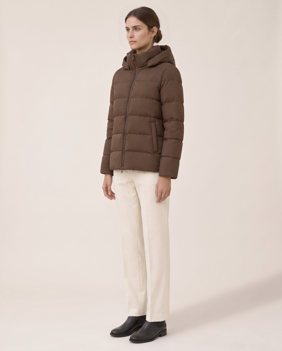 Hooded Puffer Jacket with Funnel Neck — three-quarter view