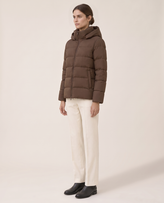 Hooded Puffer Jacket with Funnel Neck — three-quarter view