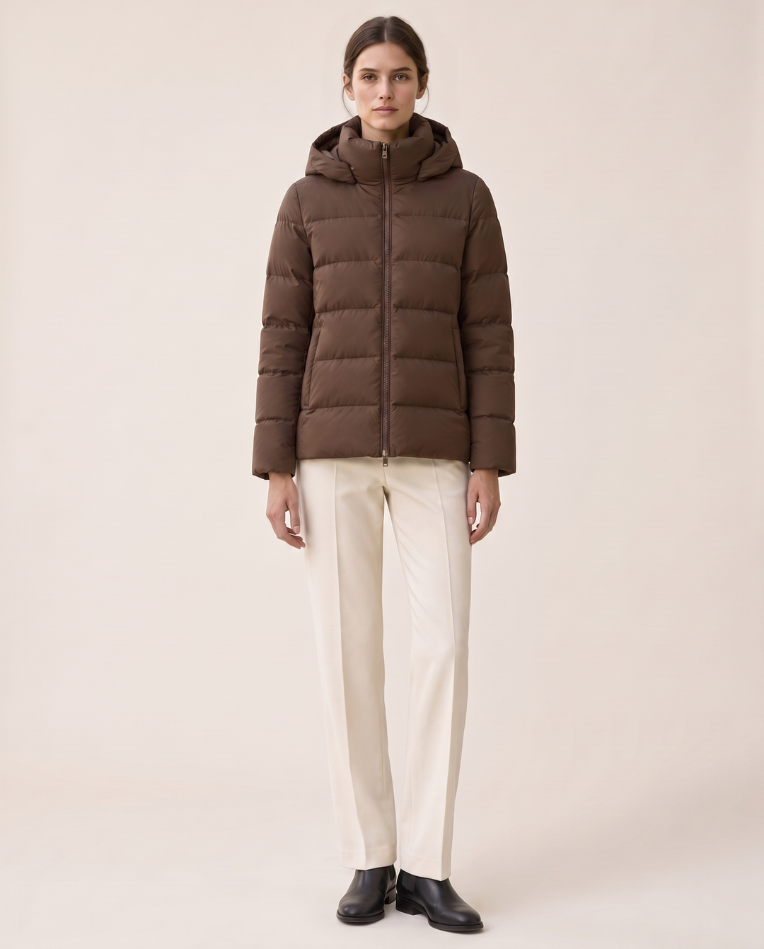 Hooded Puffer Jacket with Funnel Neck — studio front