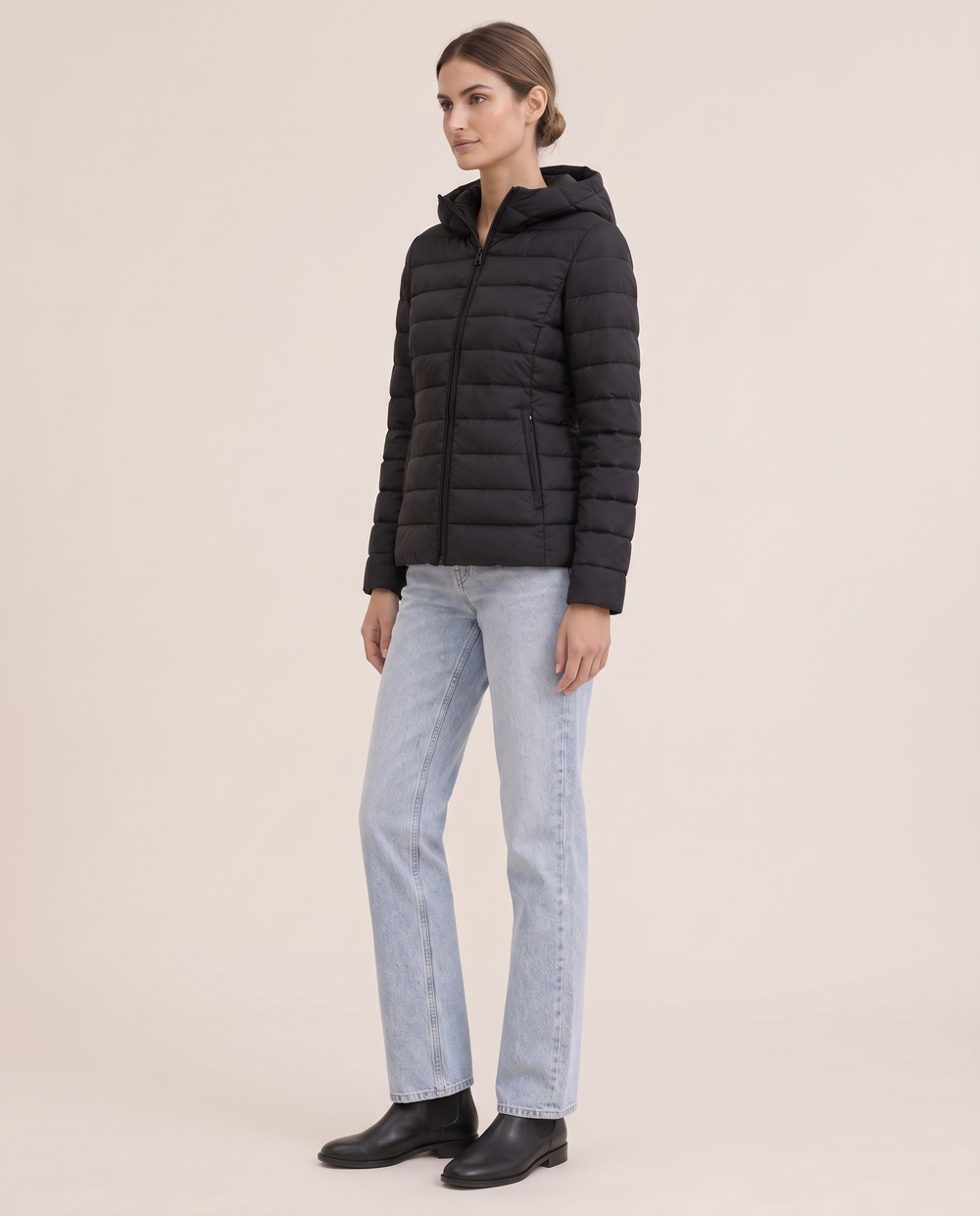 Quilted Hooded Puffer Jacket for Women — three-quarter view