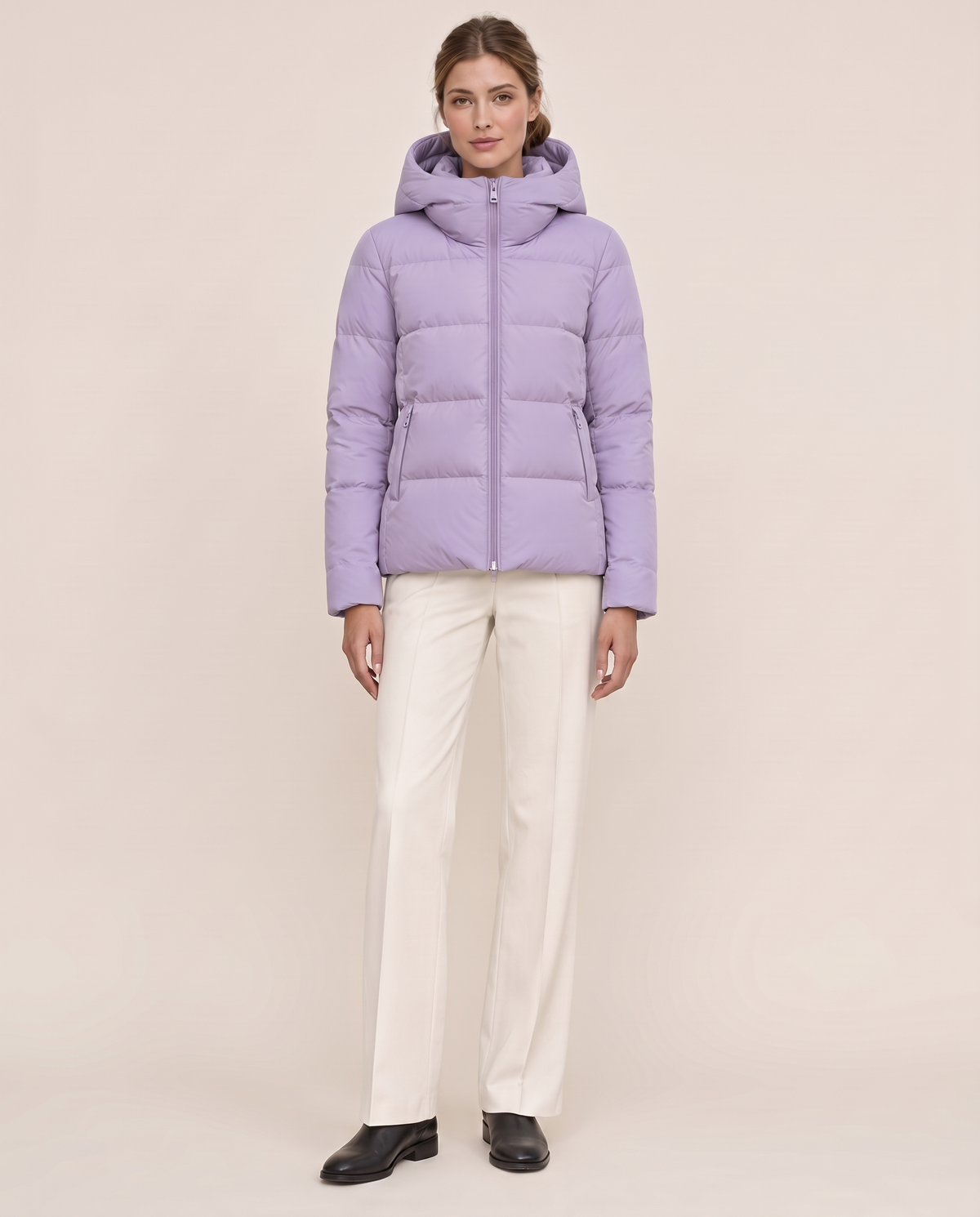 Hooded Puffer Jacket with Funnel Neck — lilac, studio front