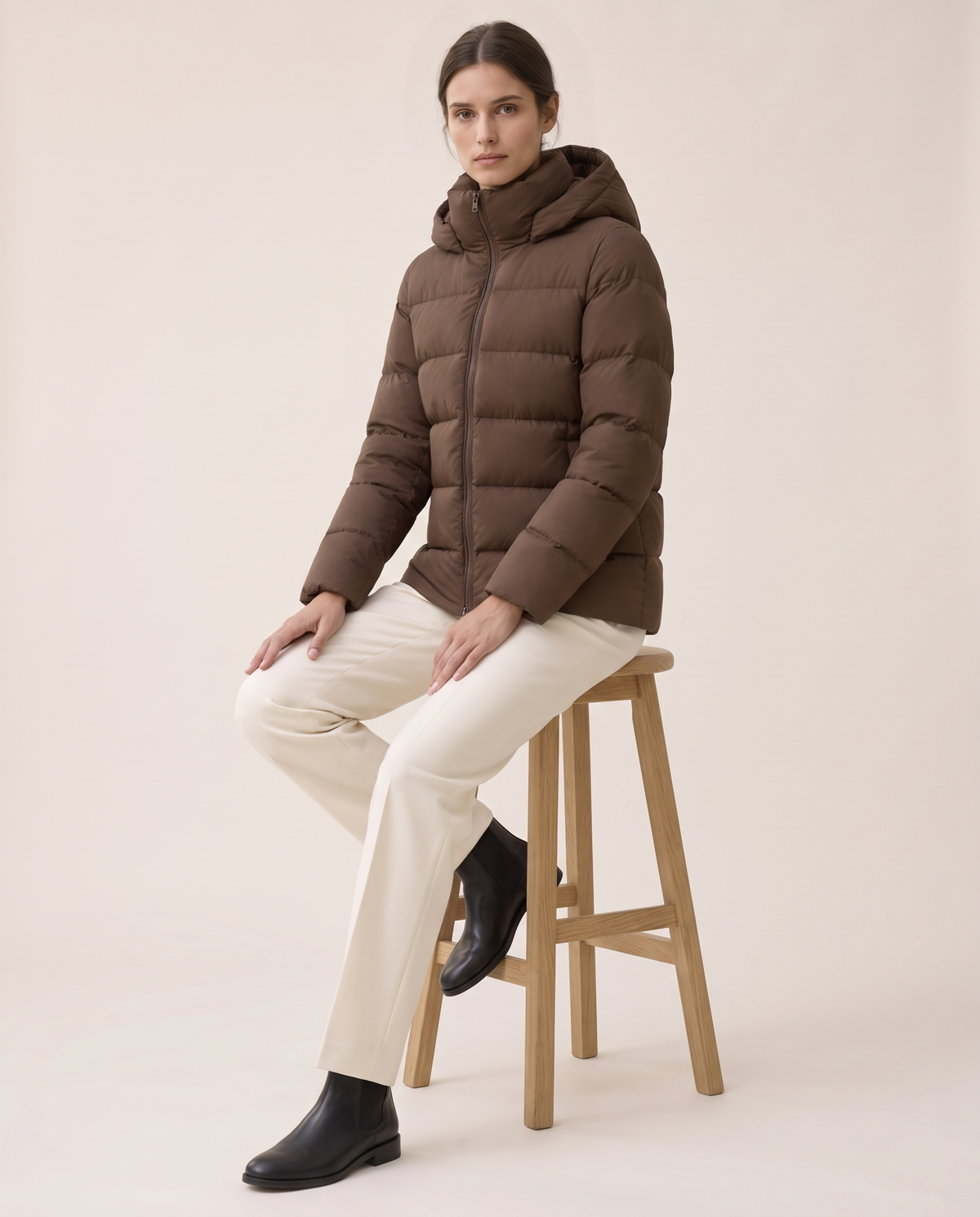Hooded Puffer Jacket with Funnel Neck — worn seated