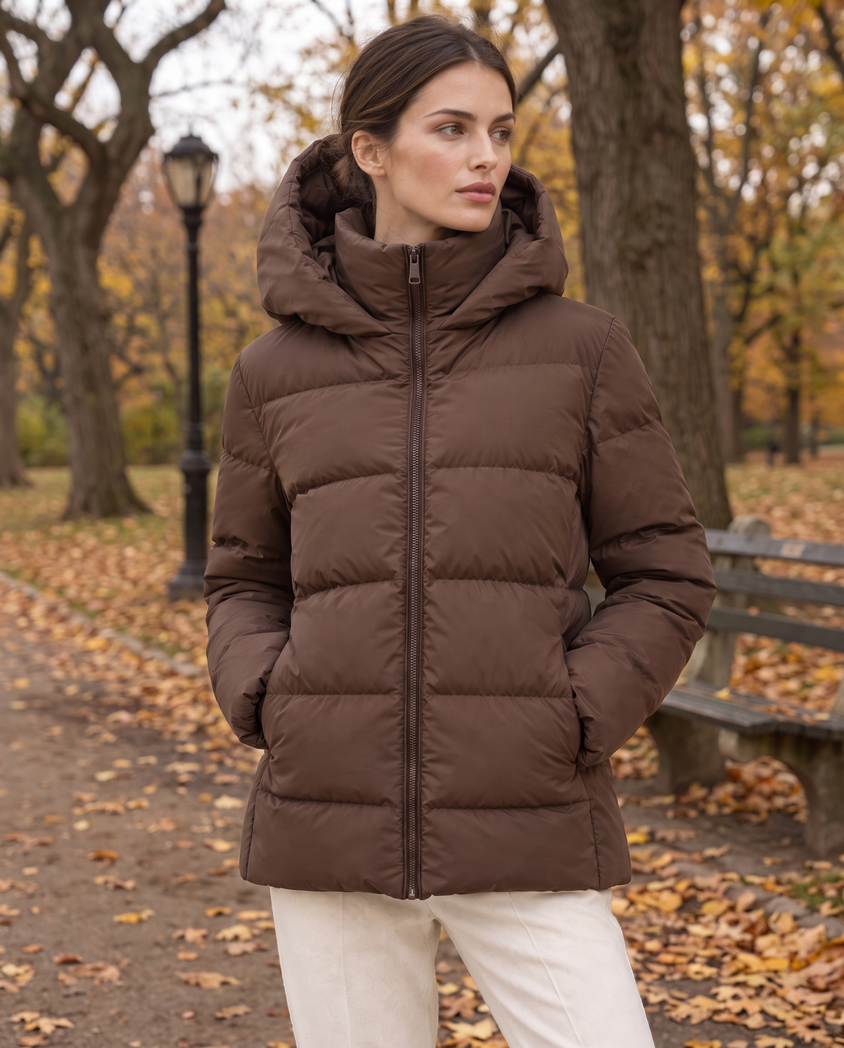Hooded Puffer Jacket with Funnel Neck — worn in Central Park in autumn