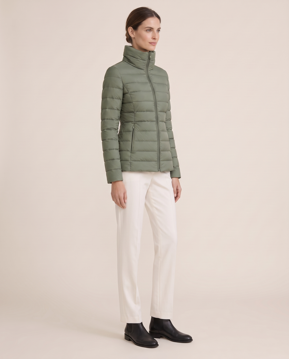 Tailored Quilted Puffer Jacket with High Neck — three-quarter view