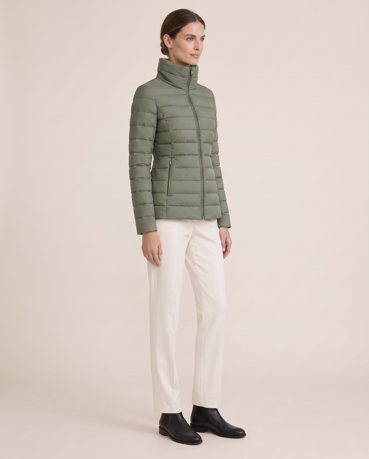 Tailored Quilted Puffer Jacket with High Neck — three-quarter view