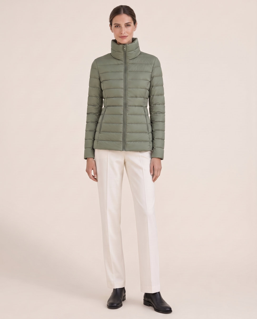 Tailored Quilted Puffer Jacket with High Neck — studio front