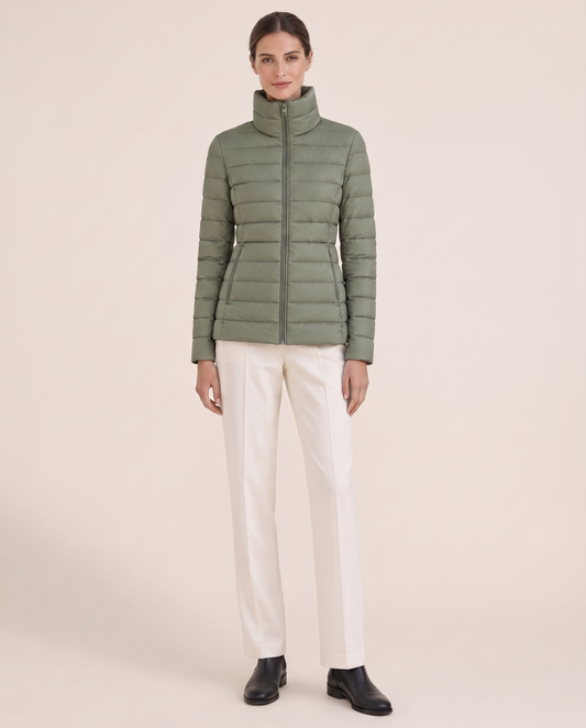 Tailored Quilted Puffer Jacket with High Neck — studio front