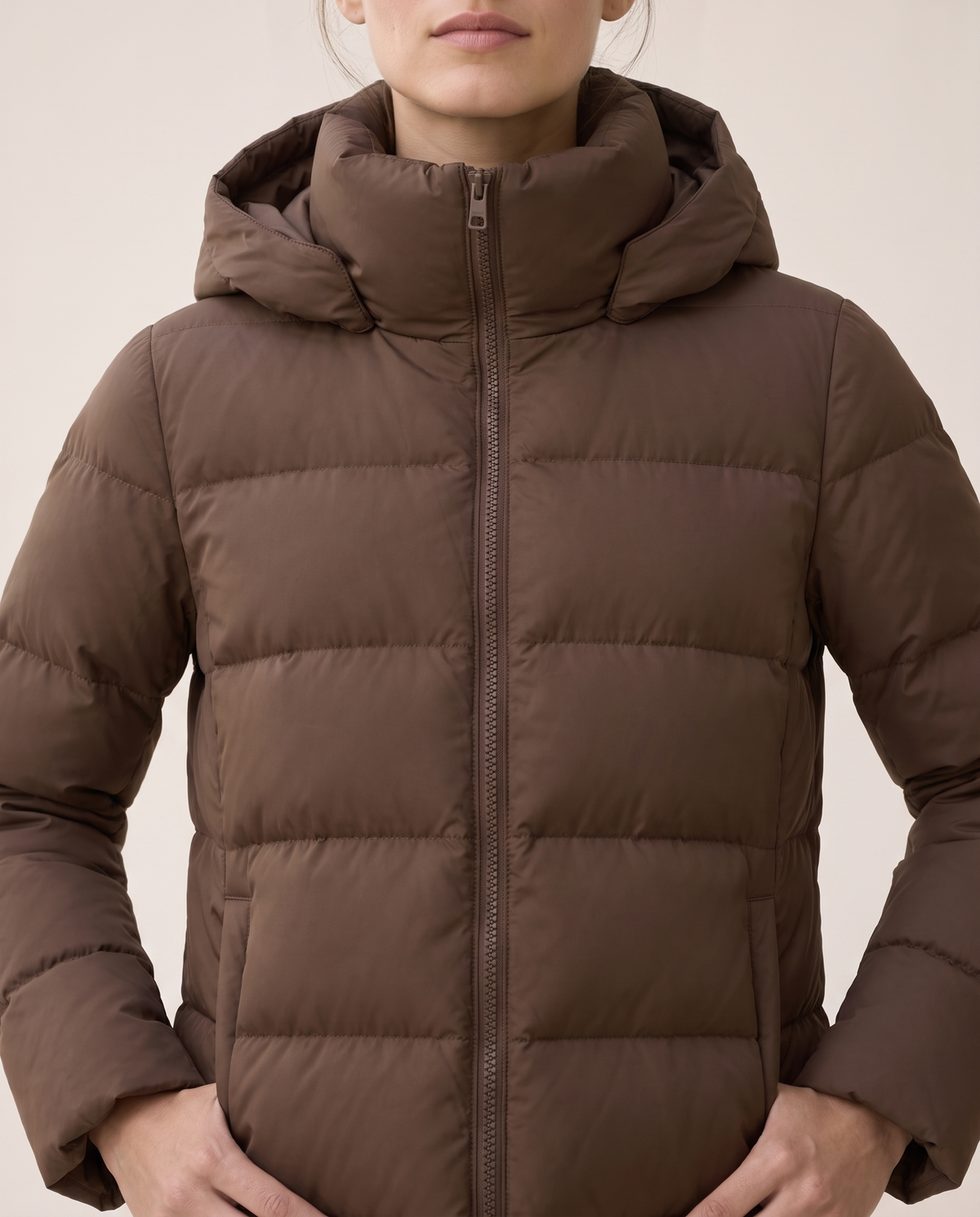 Hooded Puffer Jacket with Funnel Neck — funnel neck and zip, worn