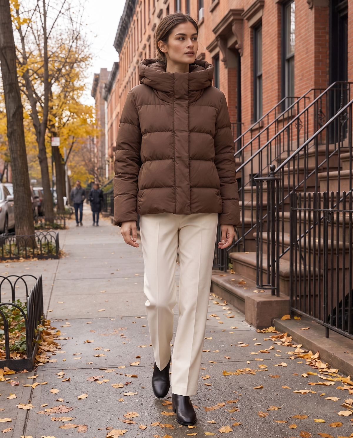 Hooded Puffer Jacket with Funnel Neck — worn on a New York street in autumn